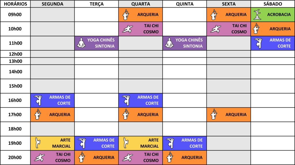 Quadro de horários de aulas da Escola de Pa-Kua Ana Rosa