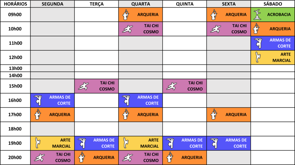 Quadro de horários de aulas da Escola de Pa-Kua Ana Rosa